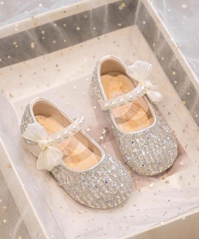 Classy Beige Pearl Bow Buckle Strap Flat Shoes For Girls