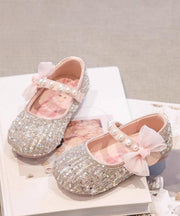 Classy Beige Pearl Bow Buckle Strap Flat Shoes For Girls