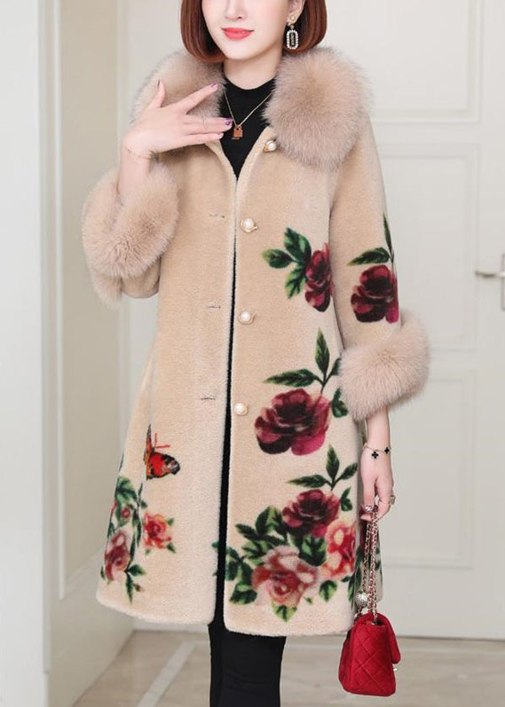 Classy Beige Peter Pan Collar Pockets Print Woolen Coats Winter