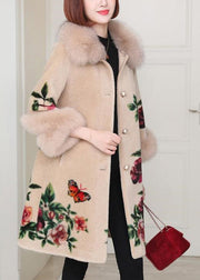 Classy Beige Peter Pan Collar Pockets Print Woolen Coats Winter