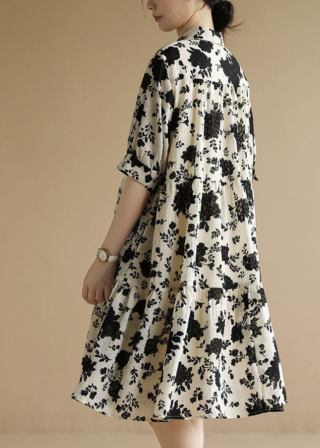 Classy Beige Peter Pan Collar Wrinkled Black Floral Party Dress Short Sleeve