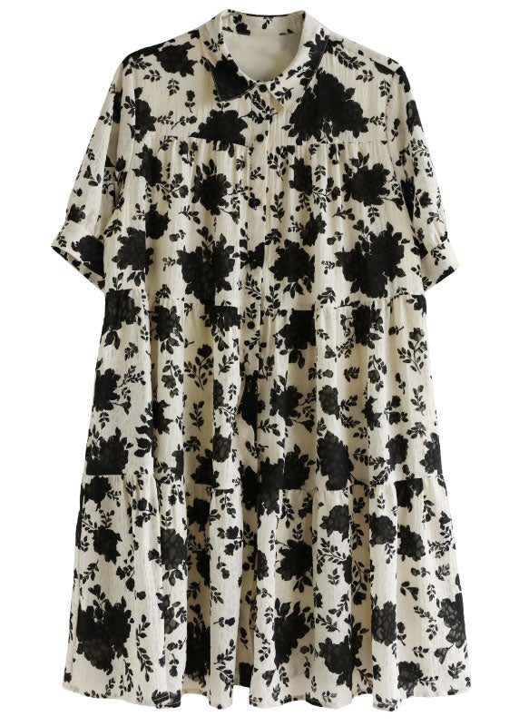 Classy Beige Peter Pan Collar Wrinkled Black Floral Party Dress Short Sleeve