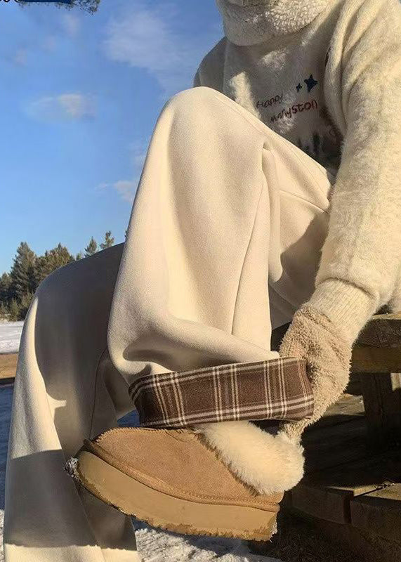 Classy Beige Plaid Elastic Waist Warm Fleece Men Pants Winter