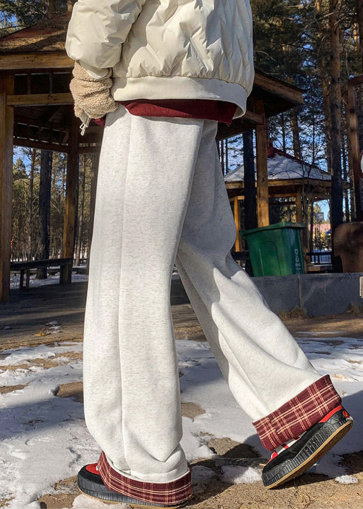 Classy Beige Plaid Elastic Waist Warm Fleece Men Pants Winter