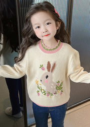 Classy Beige Print Ruffled Patchwork Cotton Knit Girls Sweaters Winter