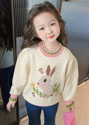 Classy Beige Print Ruffled Patchwork Cotton Knit Girls Sweaters Winter