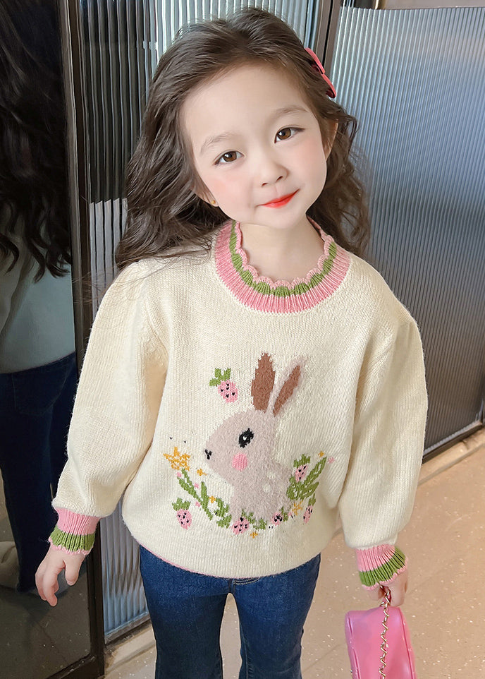 Classy Beige Print Ruffled Patchwork Cotton Knit Girls Sweaters Spring