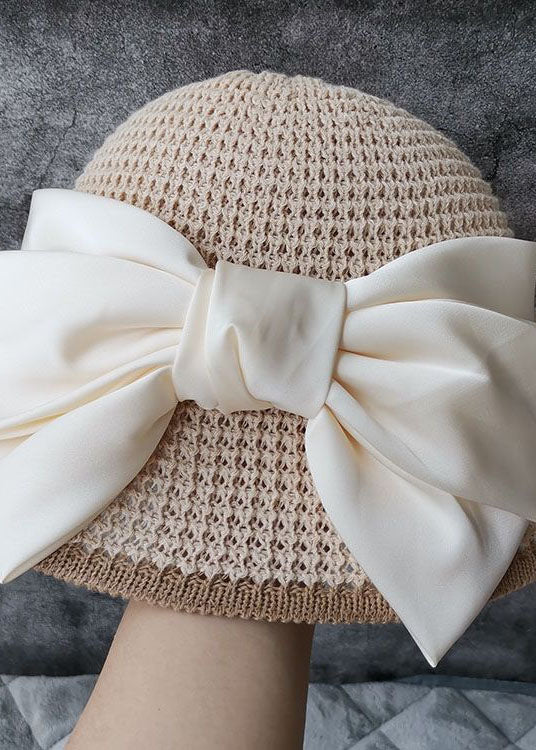 Classy Beige Silk Bow Straw Woven Bucket Hat