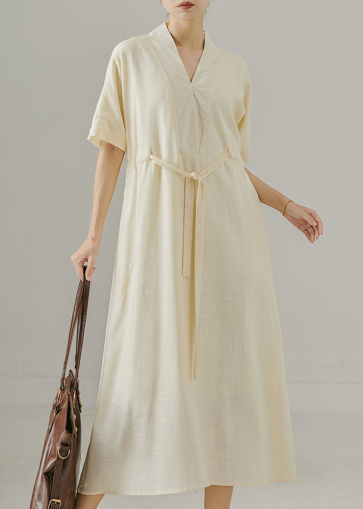 Classy Beige V Neck Cinched Cotton Long Dresses Summer