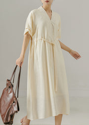 Classy Beige V Neck Cinched Cotton Long Dresses Summer