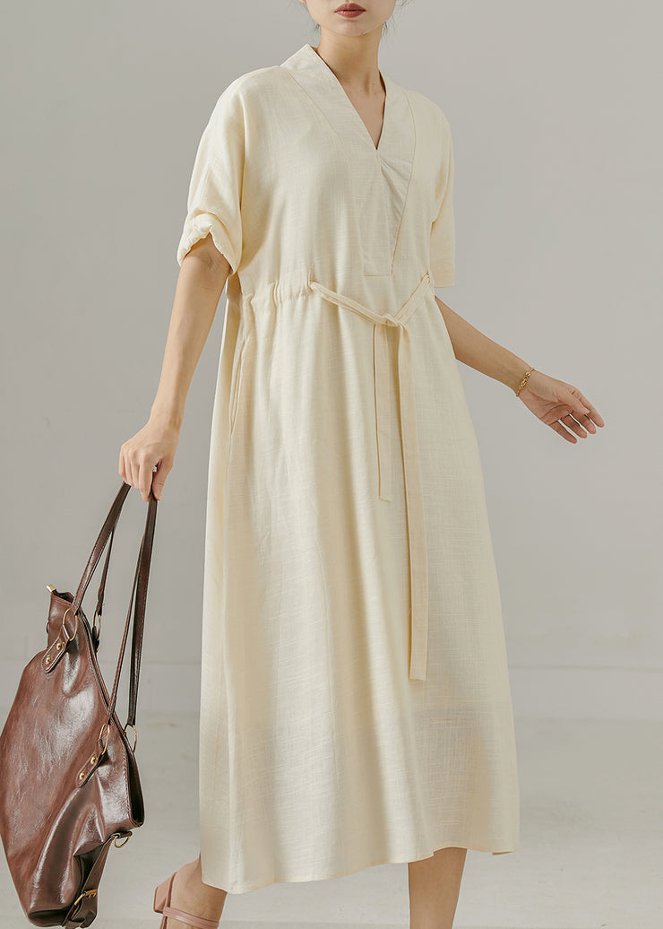 Classy Beige V Neck Cinched Cotton Long Dresses Summer