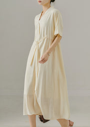 Classy Beige V Neck Cinched Cotton Long Dresses Summer