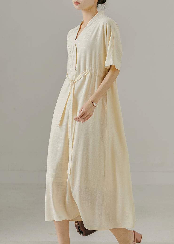 Classy Beige V Neck Cinched Cotton Long Dresses Summer