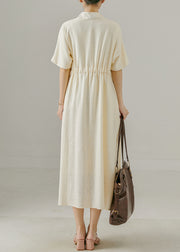 Classy Beige V Neck Cinched Cotton Long Dresses Summer