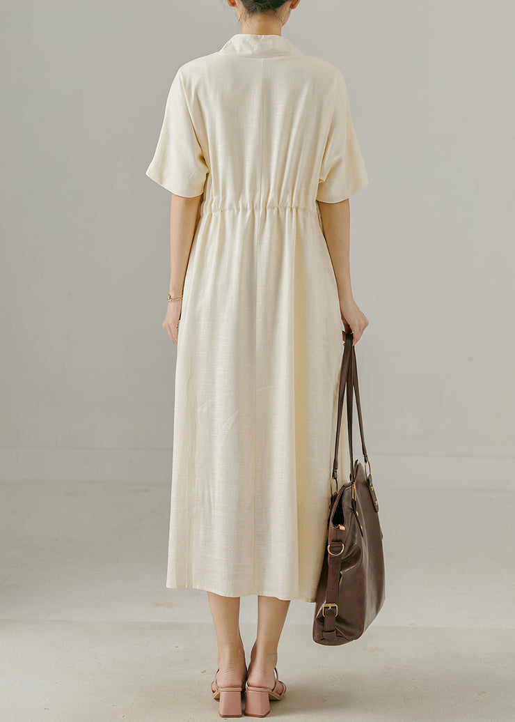 Classy Beige V Neck Cinched Cotton Long Dresses Summer