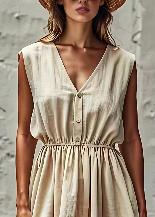 Classy Beige V Neck Wrinkled Linen Dresses Sleeveless