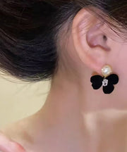 Classy Black Alloy Inlaid Crystal Pearl Bow Pile Coating Stud Earrings