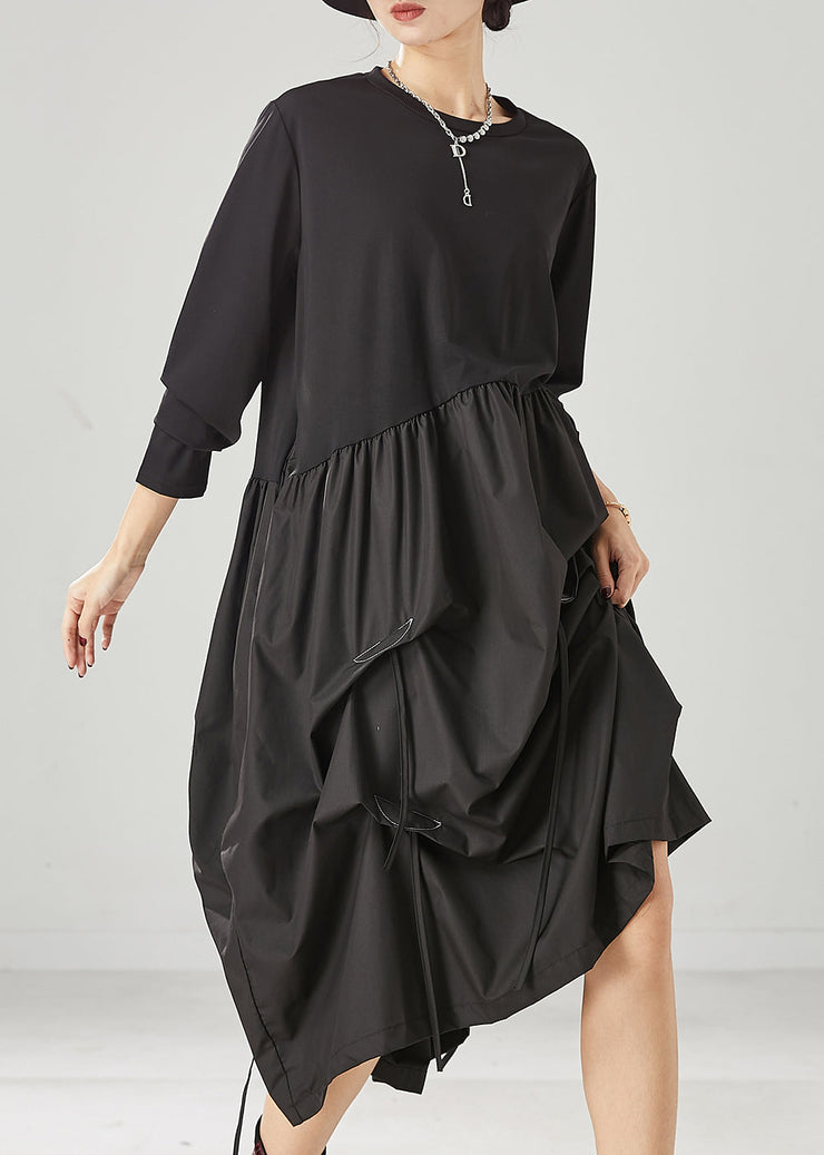 Classy Black Asymmetrical Patchwork Wrinkled Cotton Robe Dresses Spring