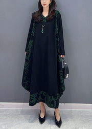 Classy Black Asymmetrical Print Patchwork Cotton Dresses Long Sleeve