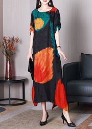 Classy Black Asymmetrical Print Silk Robe Dresses Summer