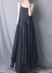 Classy Black Asymmetrical Wrinkled Patchwork Cotton Spaghetti Strap Dress Sleeveless