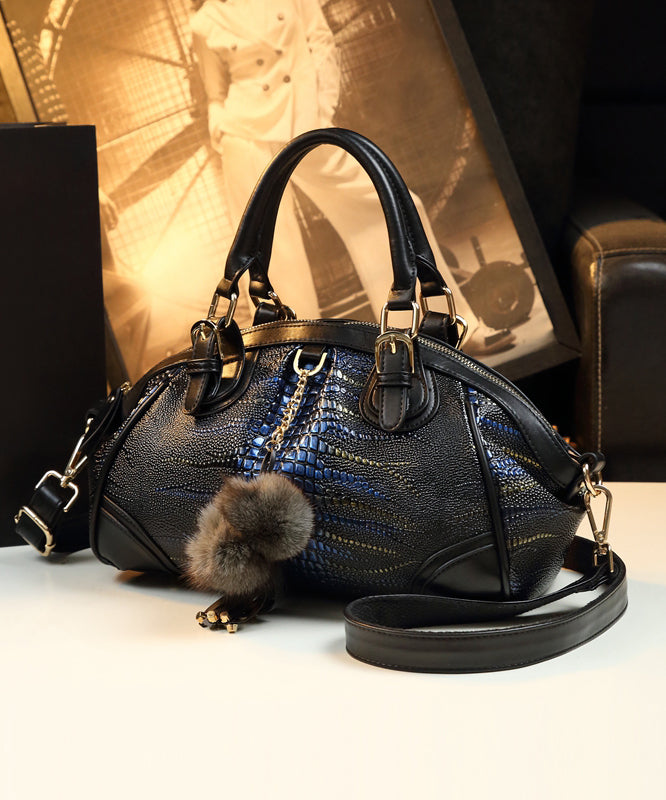 Classy Black Blue Versatile Calf Leather Tote Handbag