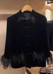 Classy Black Button Patchwork Silk Velvet Coat Spring