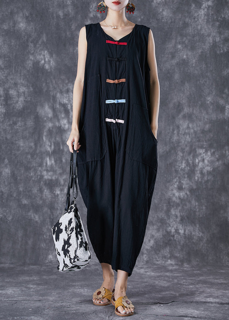 Classy Black Chinese Button Pockets Linen Jumpsuits Sleeveless