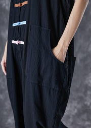 Classy Black Chinese Button Pockets Linen Jumpsuits Sleeveless