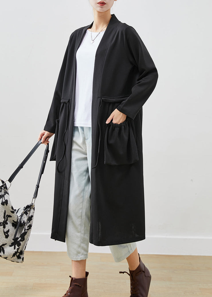 Classy Black Drawstring Pockets Cotton Trench Coats Fall