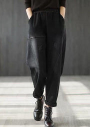 Classy Black Elastic Waist Patchwork Warm Fleece Denim Harem Pants Winter