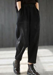 Classy Black Elastic Waist Patchwork Warm Fleece Denim Harem Pants Winter