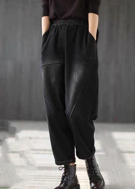 Classy Black Elastic Waist Patchwork Warm Fleece Denim Harem Pants Winter