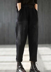 Classy Black Elastic Waist Patchwork Warm Fleece Denim Harem Pants Winter