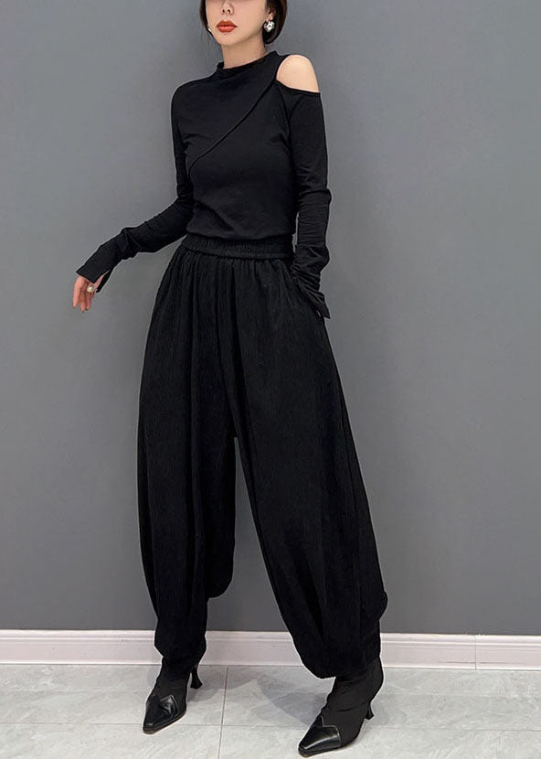 Classy Black Elastic Waist Pockets Thick Corduroy Harem Pants Spring