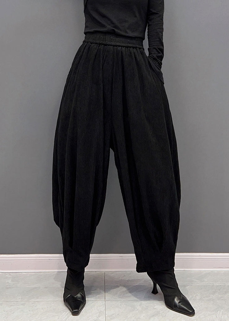 Classy Black Elastic Waist Pockets Thick Corduroy Harem Pants Spring