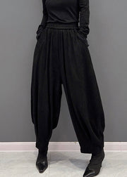 Classy Black Elastic Waist Pockets Thick Corduroy Harem Pants Spring