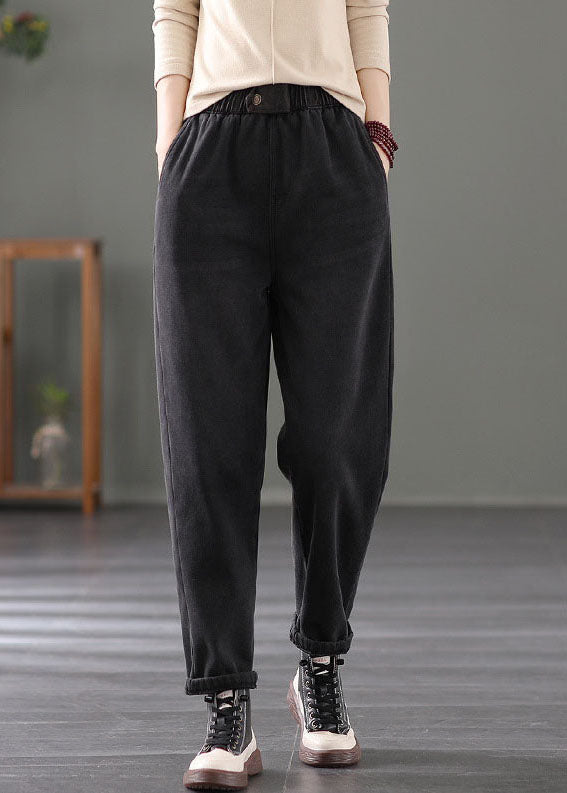 Classy Black Elastic Waist Pockets Warm Fleece Denim Pants Spring