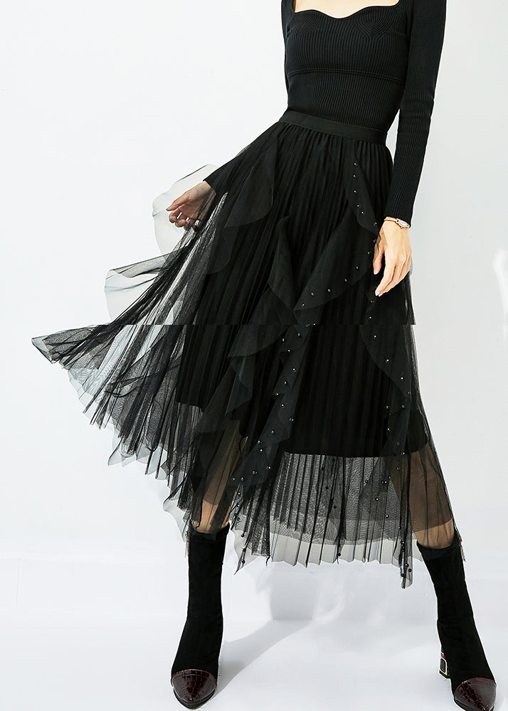 Classy Black Elastic Waist Ruffles Nail Bead Tulle Beach Skirts Summer