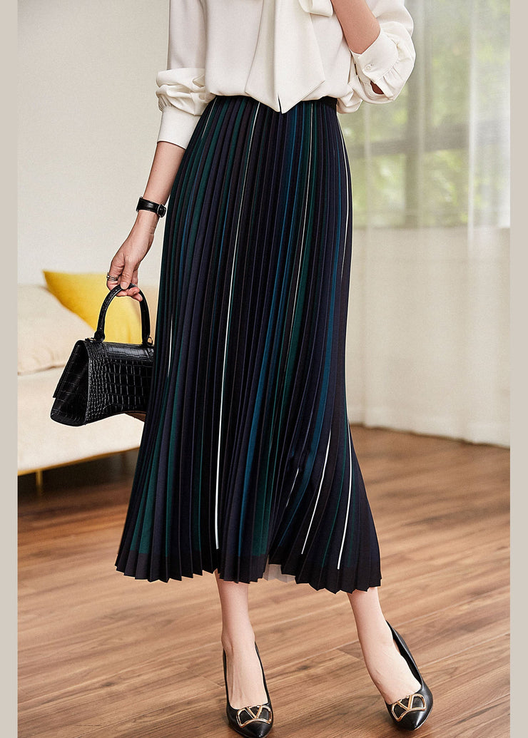 Classy Black Elastic Waist Striped Silk Pleated Skirt Spring