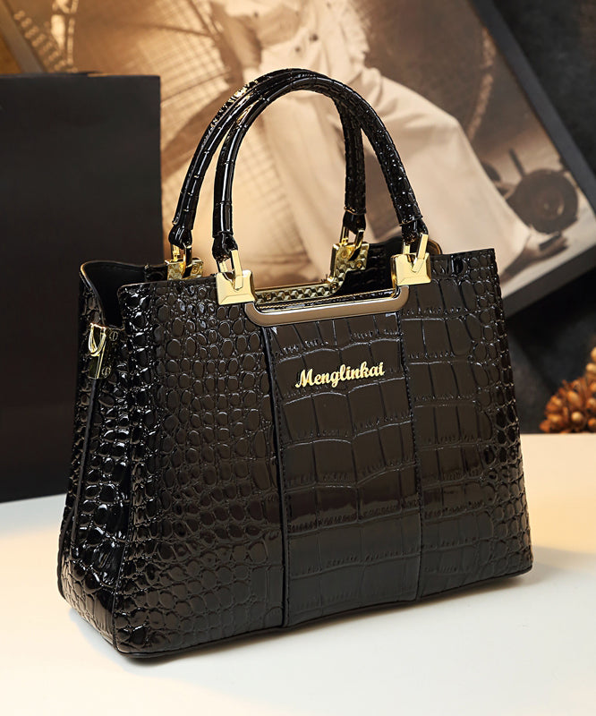 Classy Black Embossed Versatile Calf Leather Tote Handbag