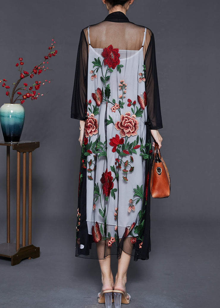 Classy Black Embroidered Floral Tulle Loose Cardigan Summer