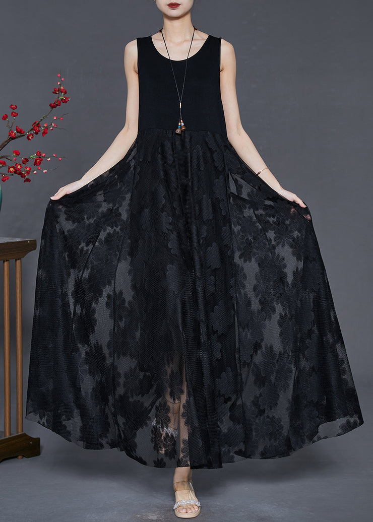 Classy Black Embroidered Lace Long Dress Sleeveless