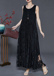 Classy Black Embroidered Lace Long Dress Sleeveless