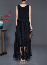 Classy Black Embroidered Lace Long Dress Sleeveless