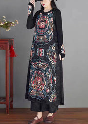 Classy Black Embroidered Chinese Button Patchwork Silk Long Waistcoat Sleeveless