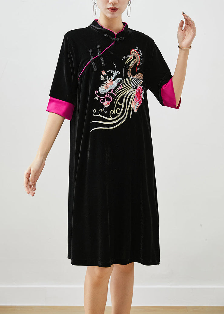 Classy Black Embroidered Silk Velour Dresses Half Sleeve