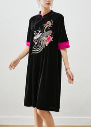 Classy Black Embroideried Silk Velour Dresses Half Sleeve