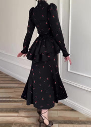 Classy Black Hign Neck Print Patchwork Chiffon Dress Long Sleeve