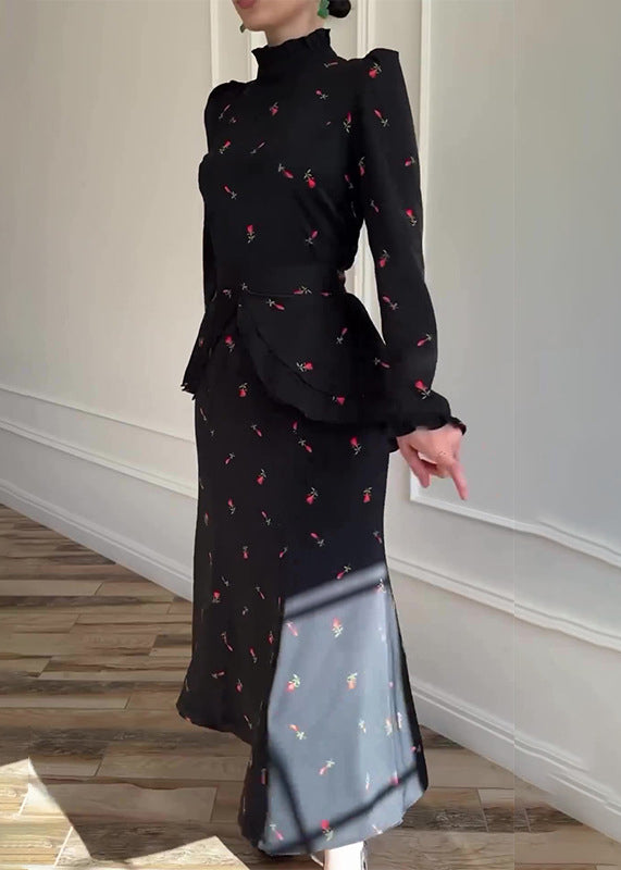 Classy Black Hign Neck Print Patchwork Chiffon Dress Long Sleeve